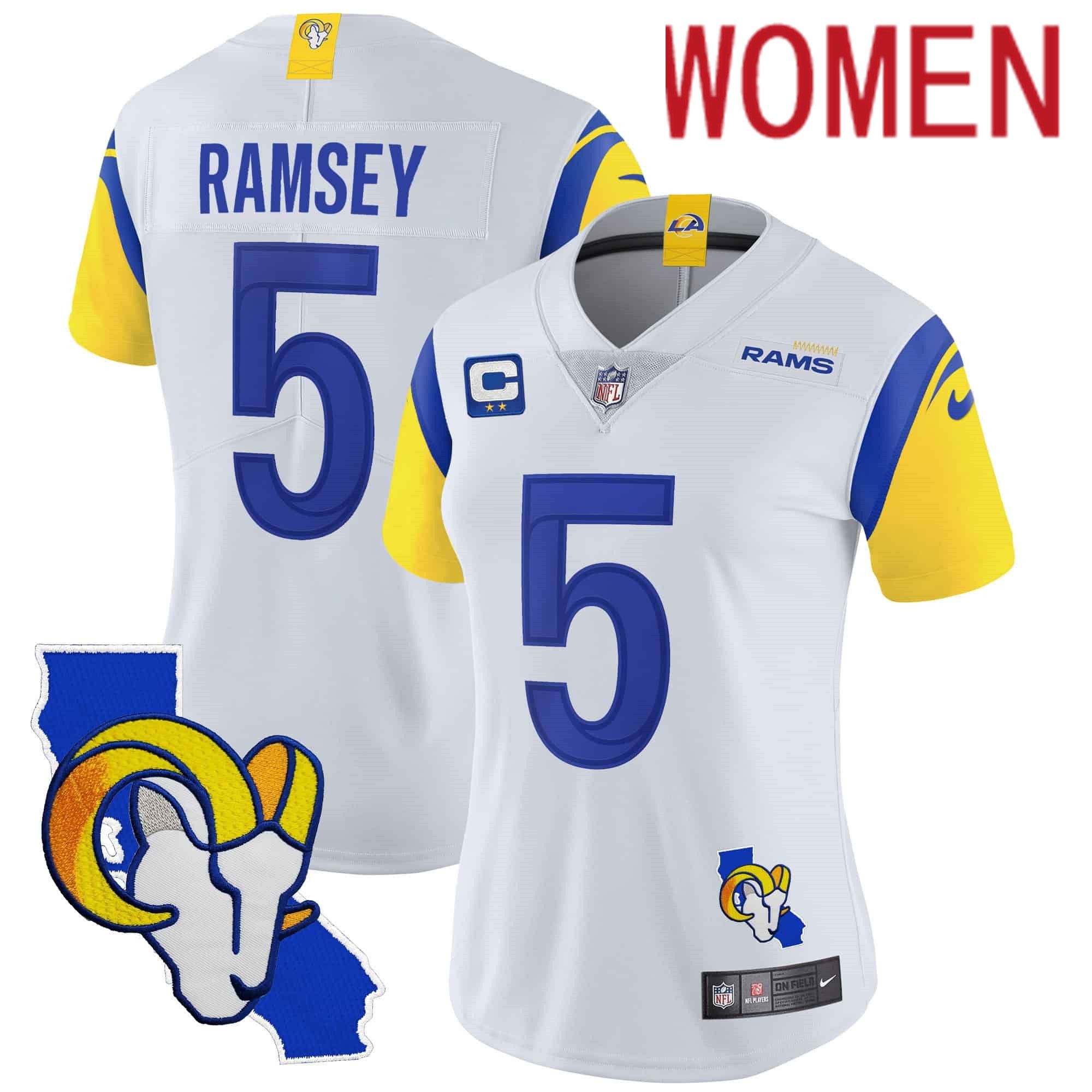Women Los Angeles Rams #5 Ramsey White 2024 Nike California Patch Vapor Limited NFL Jersey